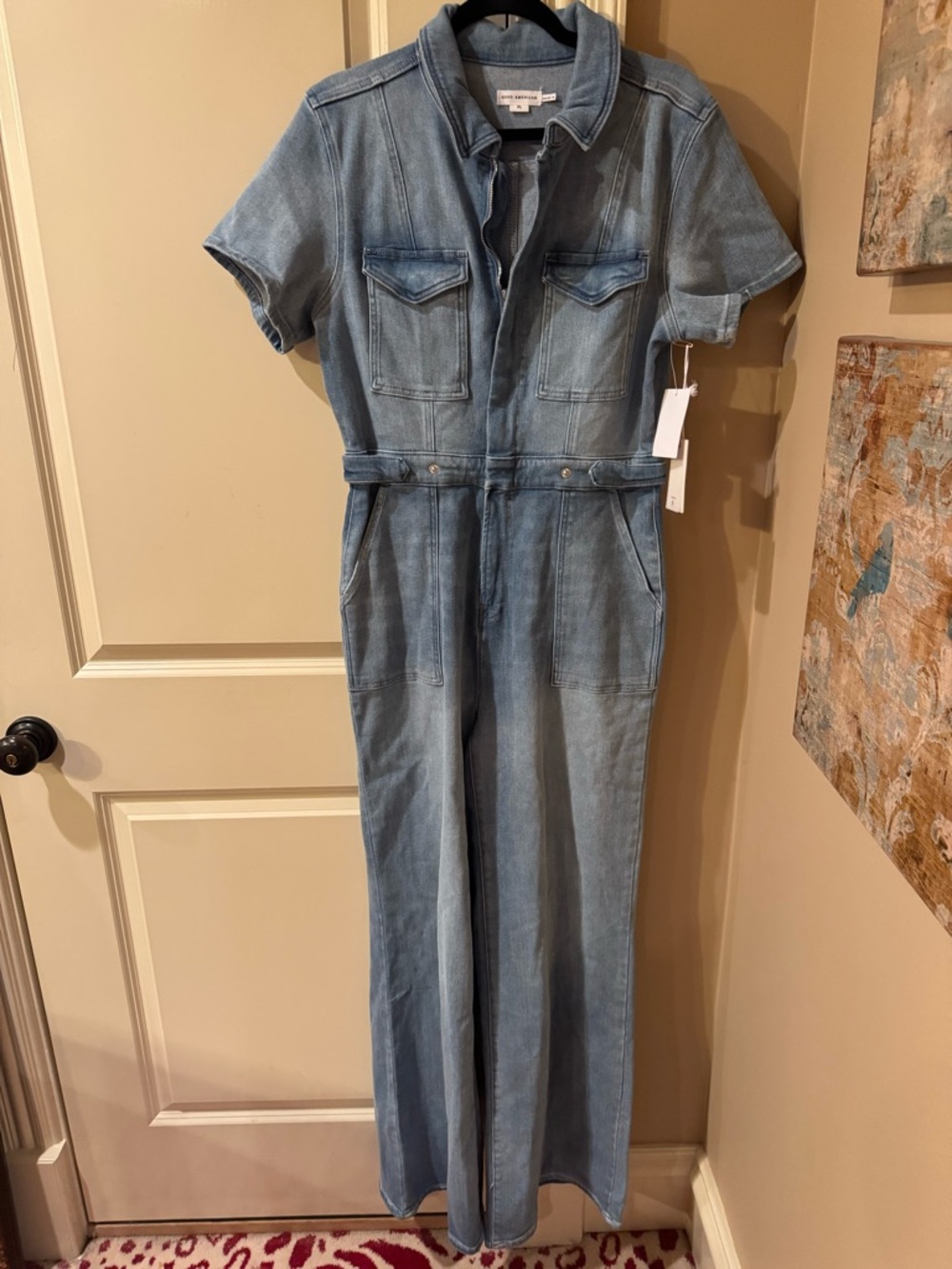Good American Light Wash Denim Short Sleeve Utility Jumpsuit - Picture 1 of 4